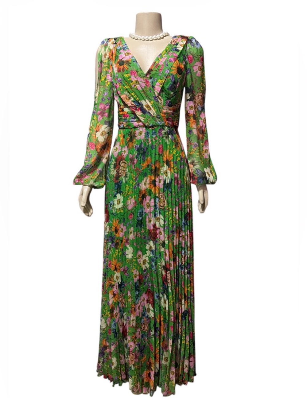 Betsy & Adam Sz 4  Floral Long Sleeve Cold Shoulder Pleated Gown Formal Green